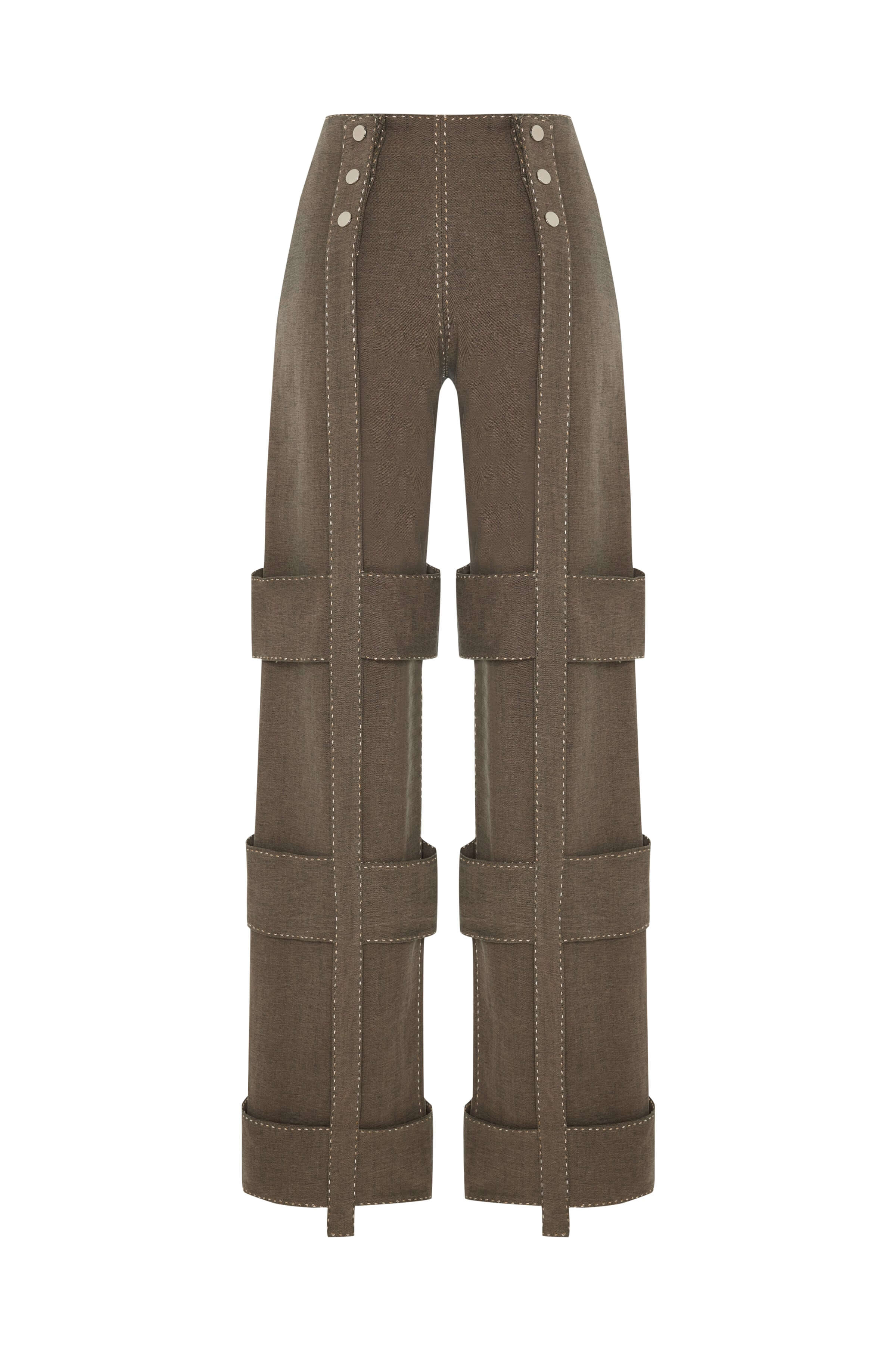Front view of JENDUE brown denim trousers with multiple horizontal straps on the lower legs and eyelet accents at the waist.