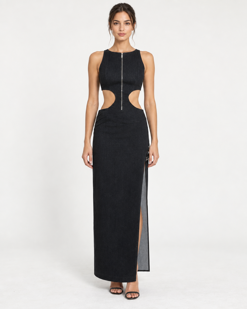 Maia Dress - Black Denim Cut-Out Maxi Dress — on-model styling view A