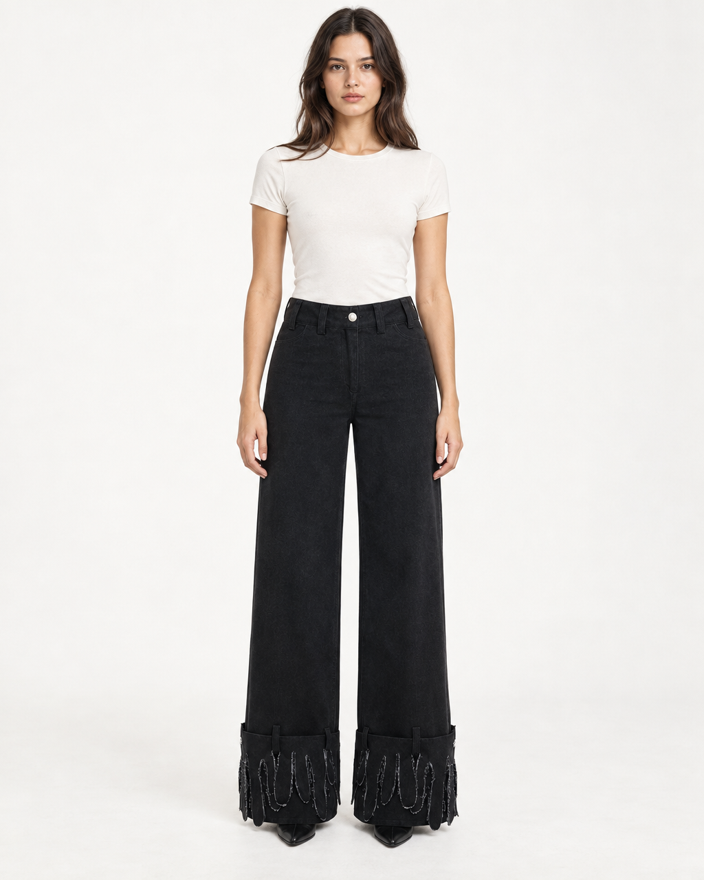 Luciano Trousers - Wide-Leg Black Denim Pants — on-model styling view A