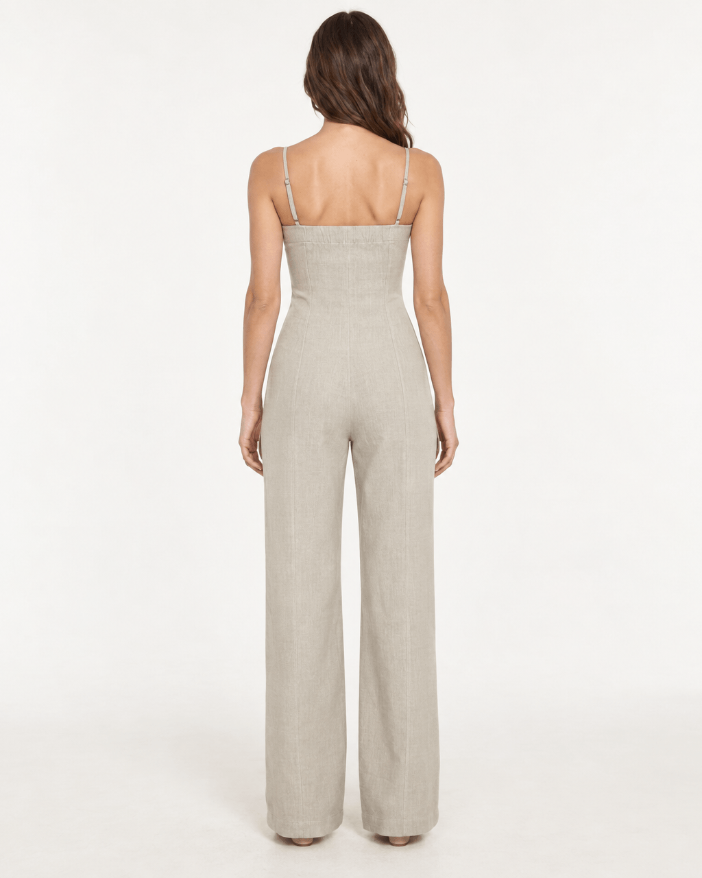 Back view of JENDUE Noe Jumpsuit - Linen Bustier Wide-Leg Jumpsuit showcasing its elegant design and fit.