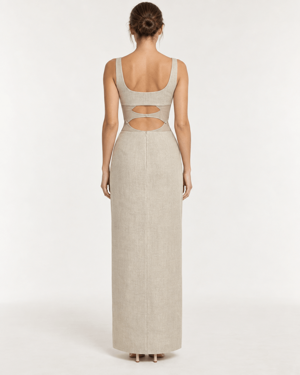JENDUE Chiara Dress - Linen Cut-Out Maxi Dress with unique back cut-outs and elegant design.