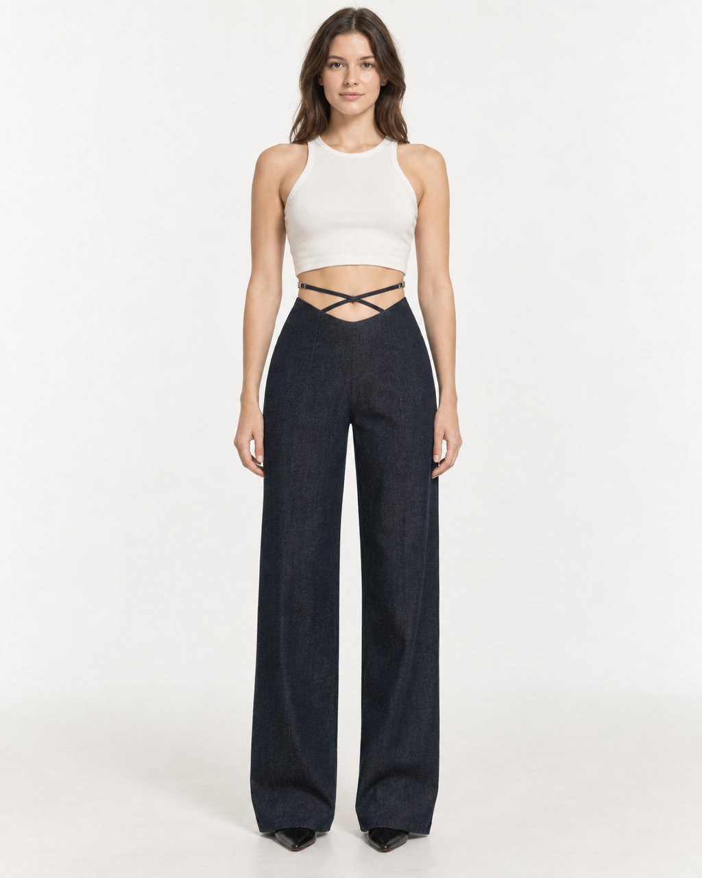 Stella Trousers - High-Waist Criss-Cross Denim Pants — on-model styling view A