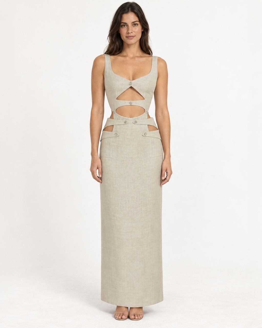 Noe Linen Dress - Cut-Out Maxi with Button Detail — on-model styling view B