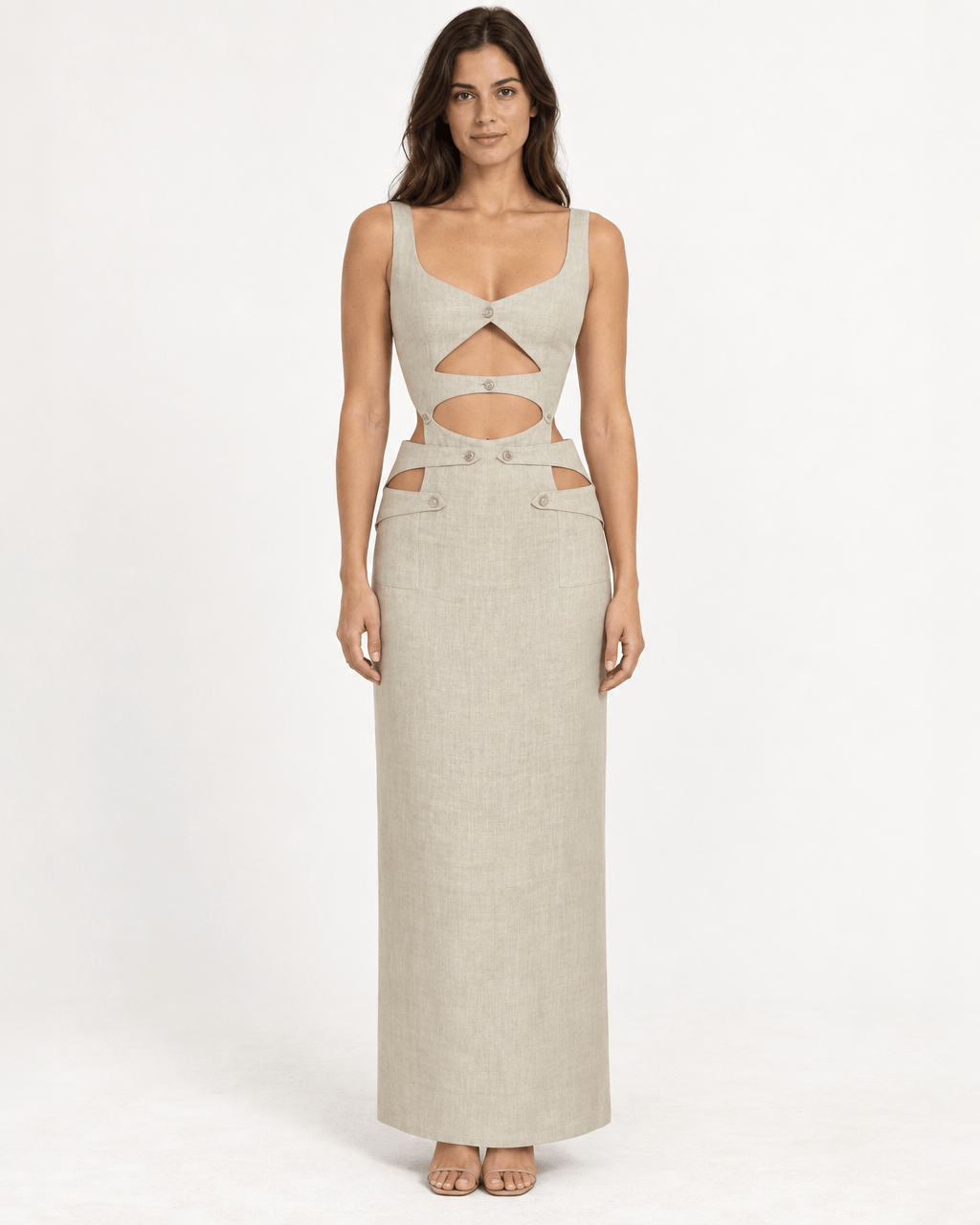 JENDUE Noe Linen Dress - Cut-Out Maxi with Button Detail worn by a model, showcasing contemporary design and elegance.