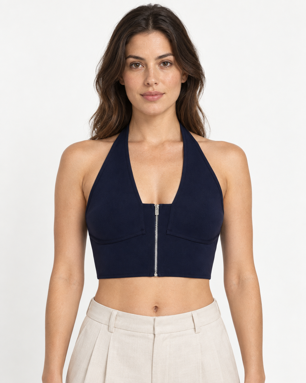 Luma Eria Crop - Women Zip-Up Halter Knit Crop Top — on-model styling view A