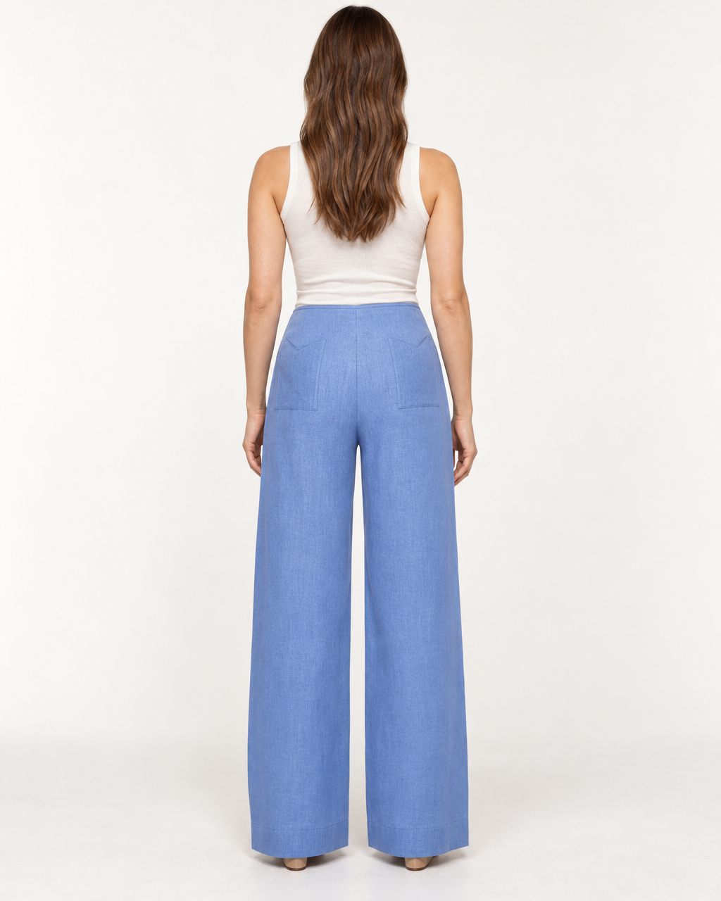 Luna Trousers - Blue High-Waisted Wide Leg Pants — on-model styling view B