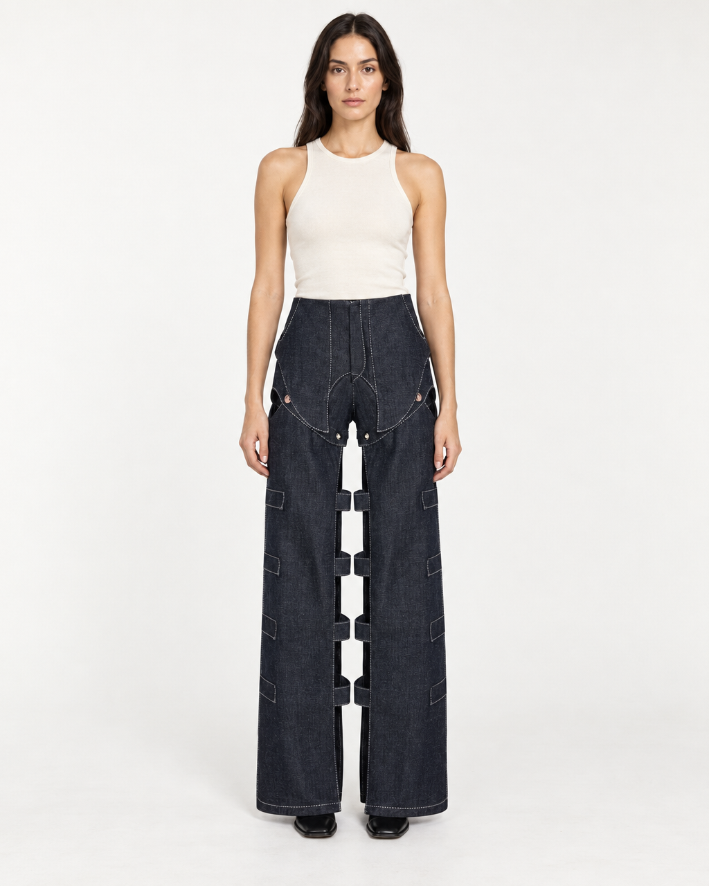 Solen Trousers - Avant-Garde Cut-Out Denim Design — on-model styling view A