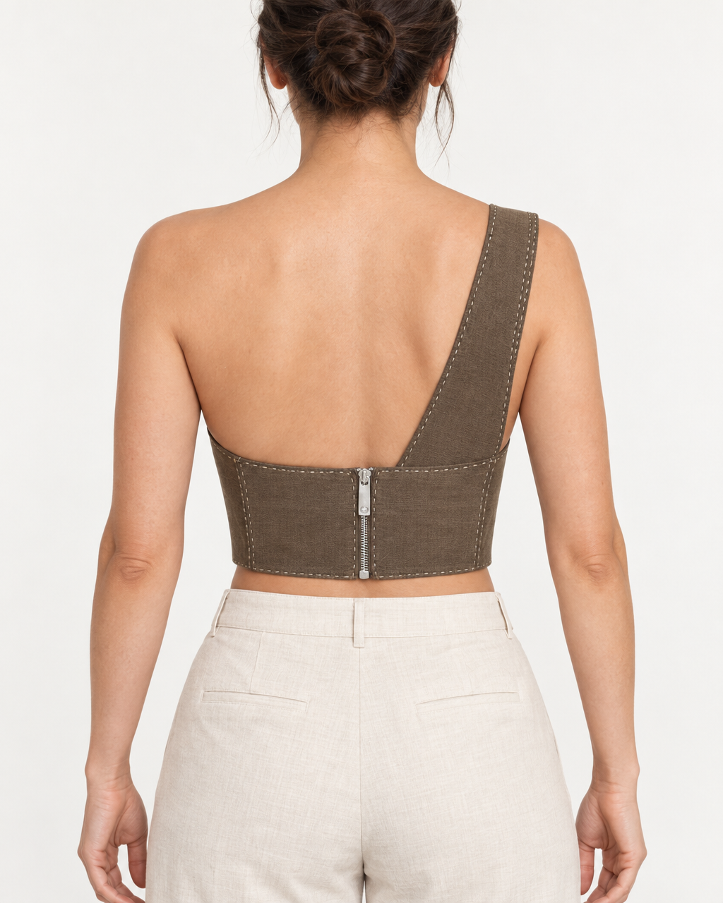 Calen Crop Brown Lace-Up Canvas Corset Top — on-model styling view B