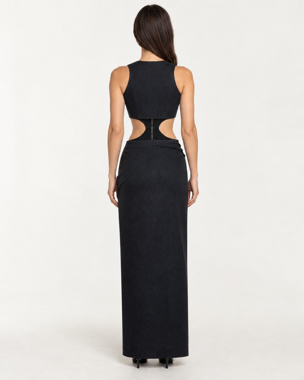 Maia Dress - Black Denim Cut-Out Maxi Dress — on-model styling view B