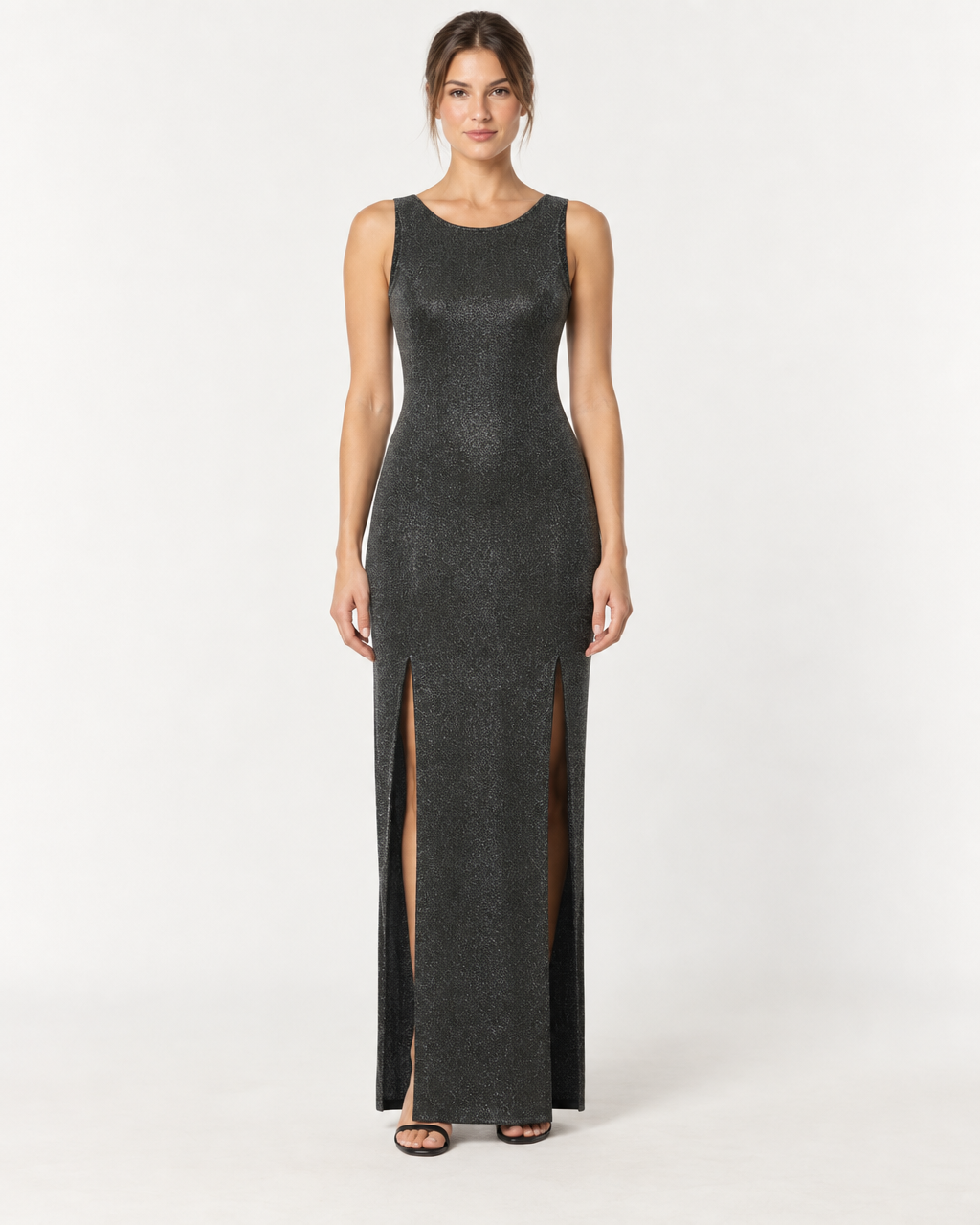 Lucenza Dress - Sparkly Sleeveless Maxi with Side Slits — on-model styling view A