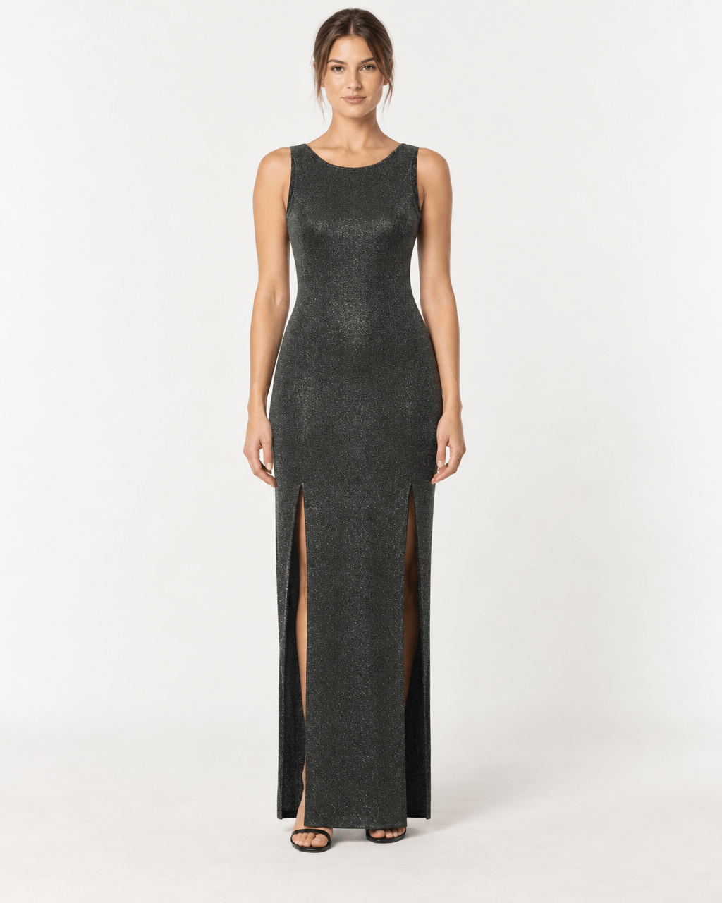 JENDUE Lucenza Dress - Sparkly Sleeveless Maxi with Side Slits, featuring a sleek design and elegant silhouette.