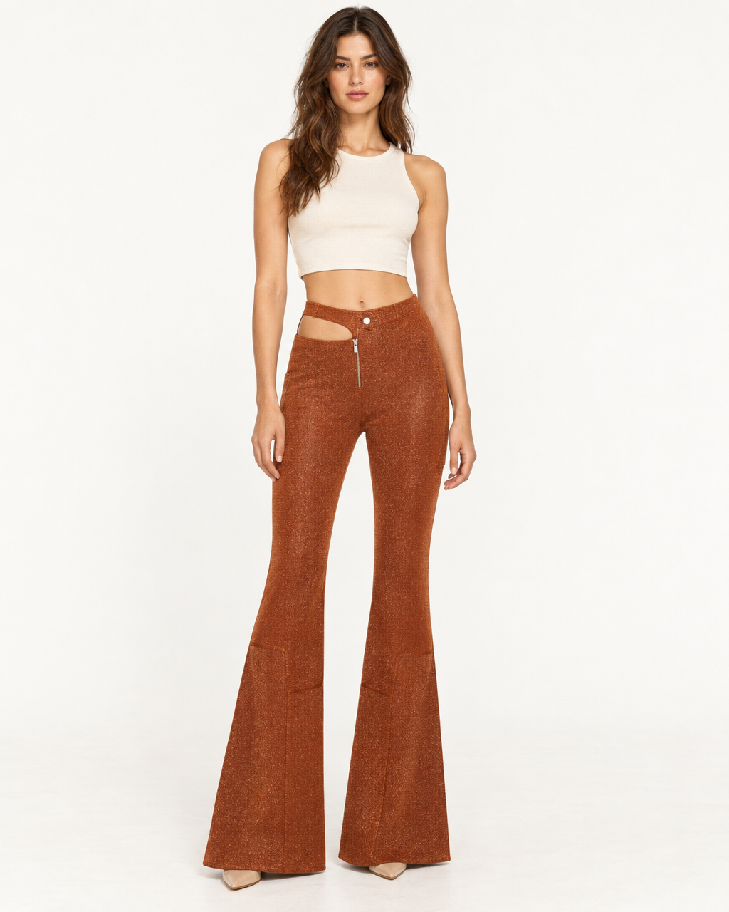 Amarah Trousers - Metallic Russet Flare Leg Pants — on-model styling view A
