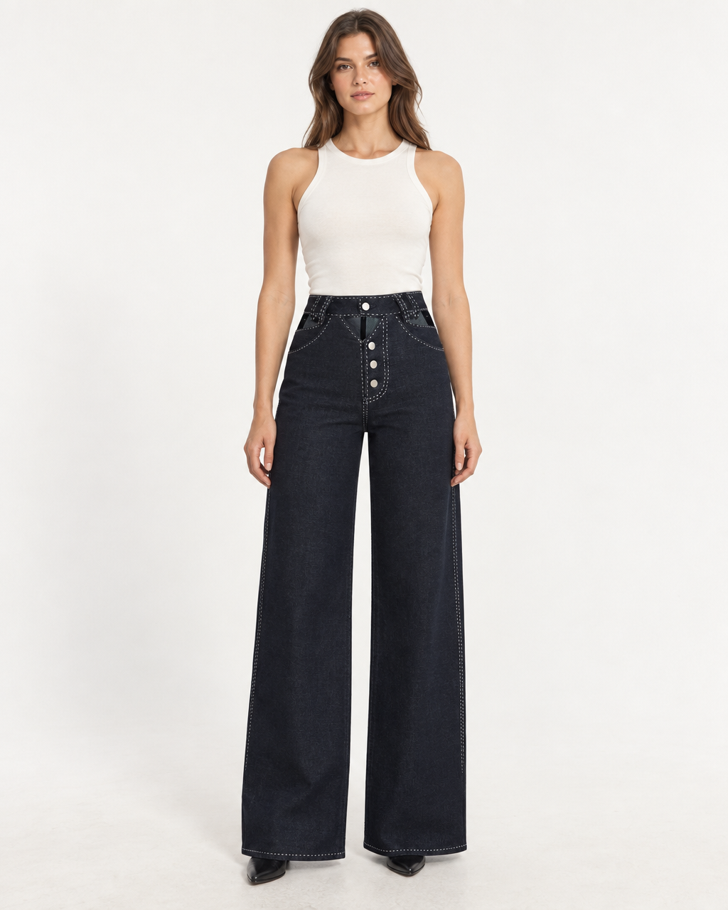 Livia Trousers - Wide-Leg High-Waist Navy Denim — on-model styling view A