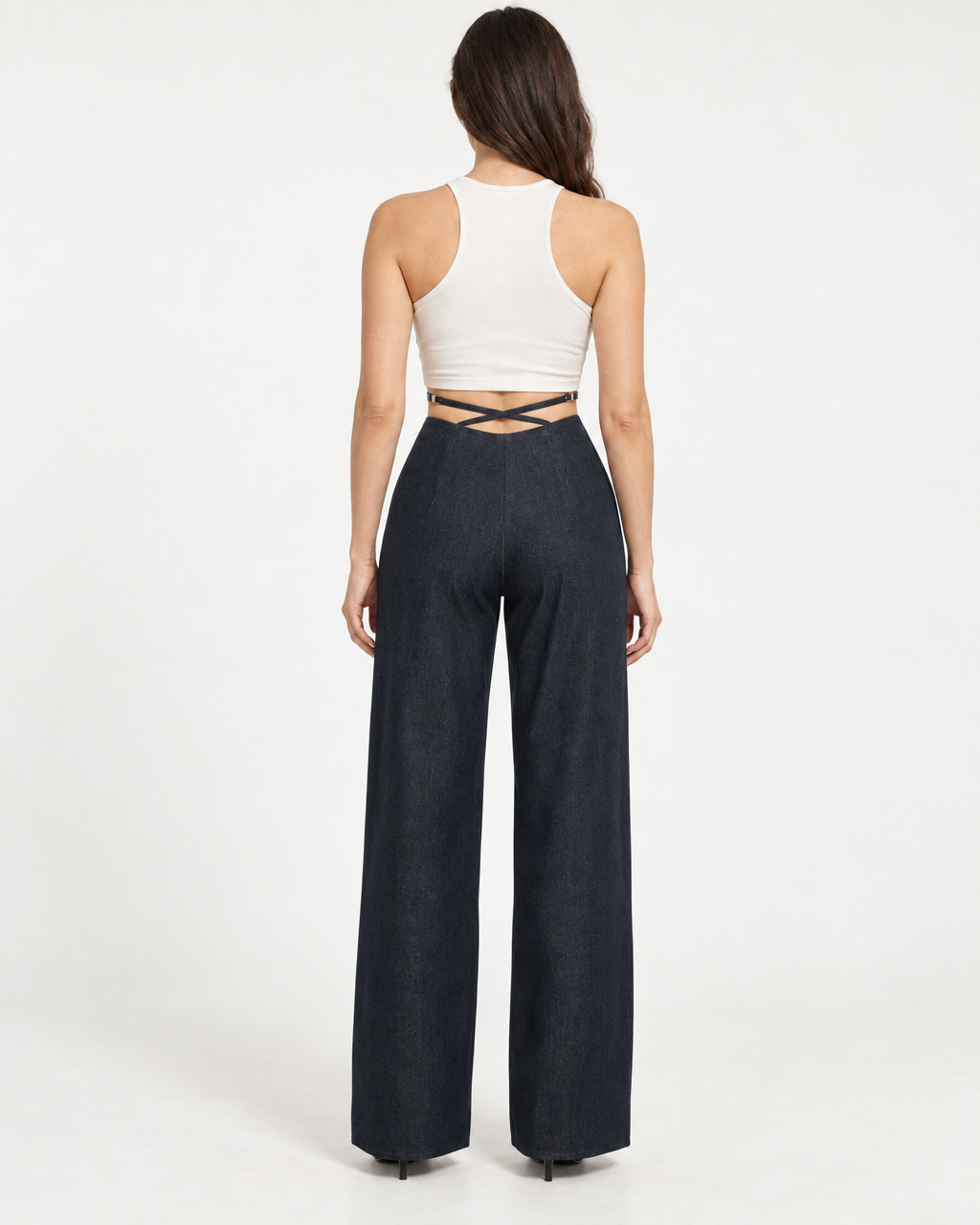 Stella Trousers - High-Waist Criss-Cross Denim Pants — on-model styling view B