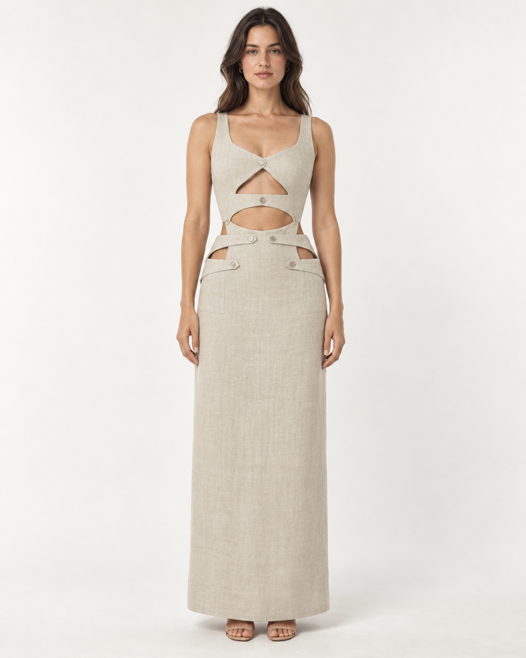 Noe Linen Dress - Cut-Out Maxi with Button Detail — on-model styling view A