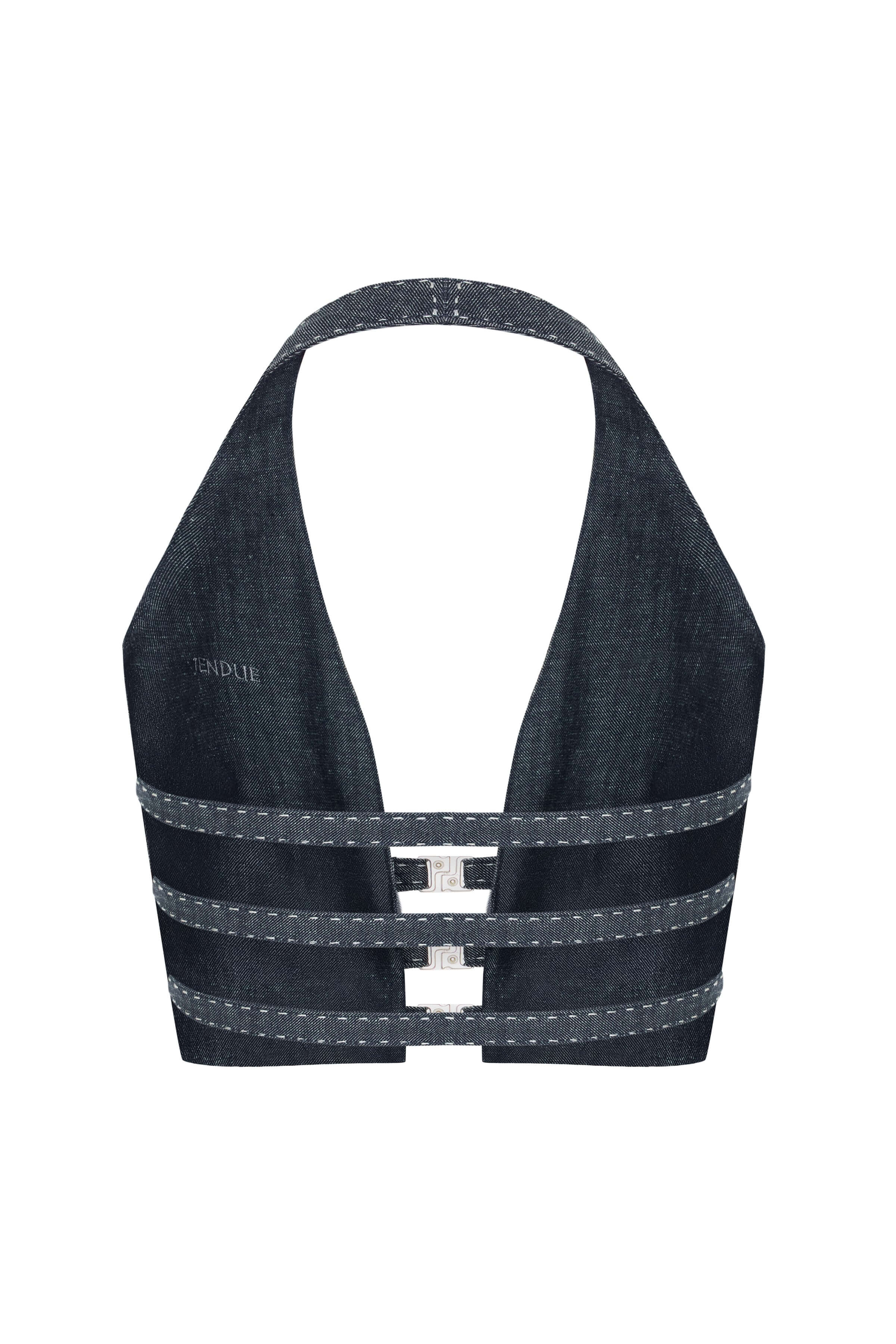 JENDUE Solen Crop - Denim Halter Top with Buckle Detail 2