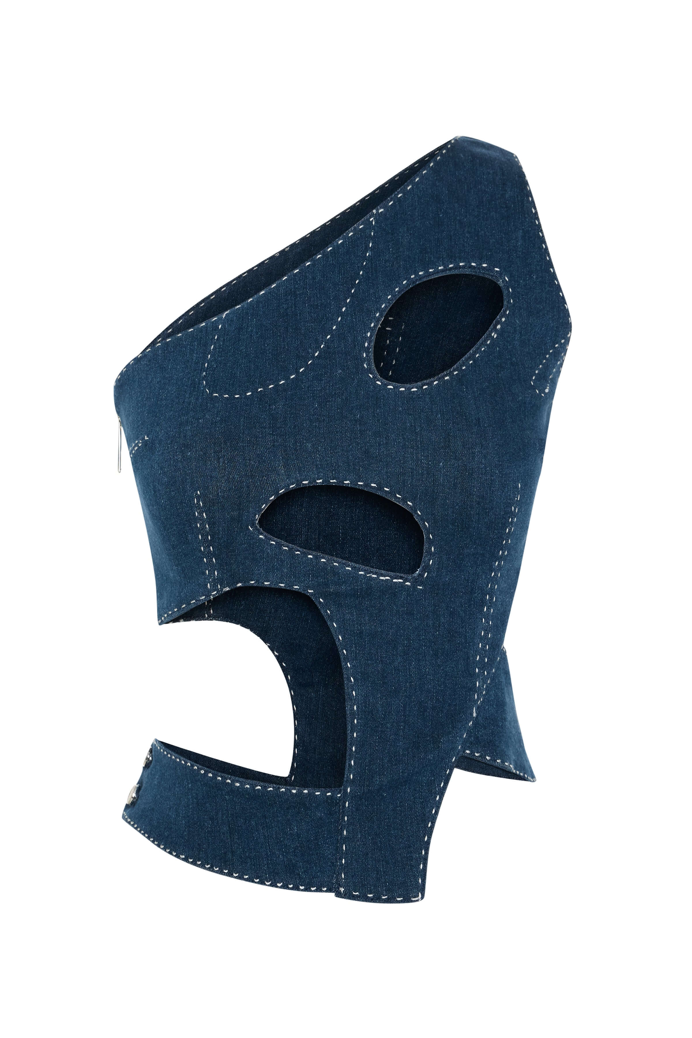 JENDUE Liora Crop Denim One-Shoulder Cutout Top 1