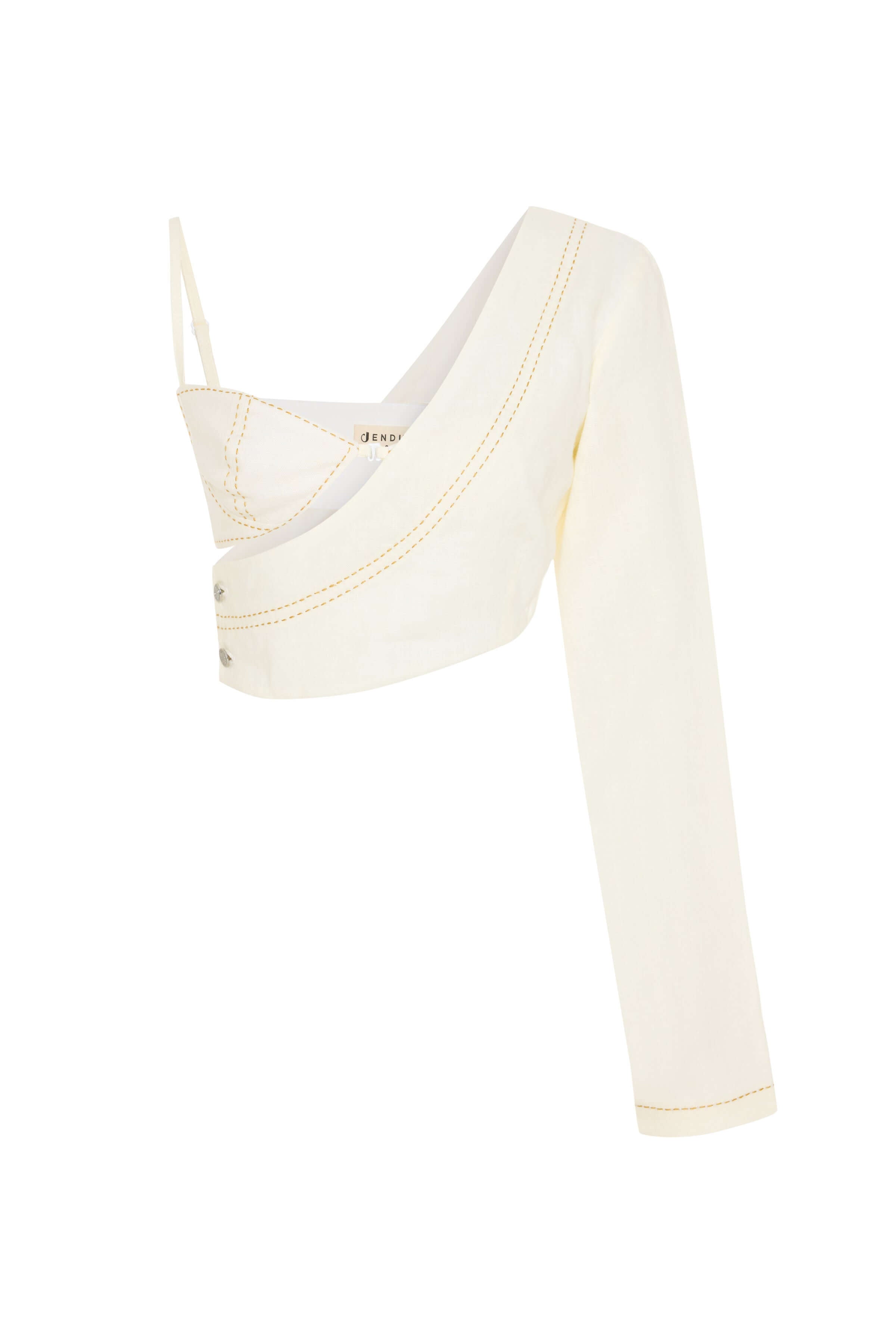 JENDUE Radiant Crop - Asymmetric One-Sleeve Linen Top 1