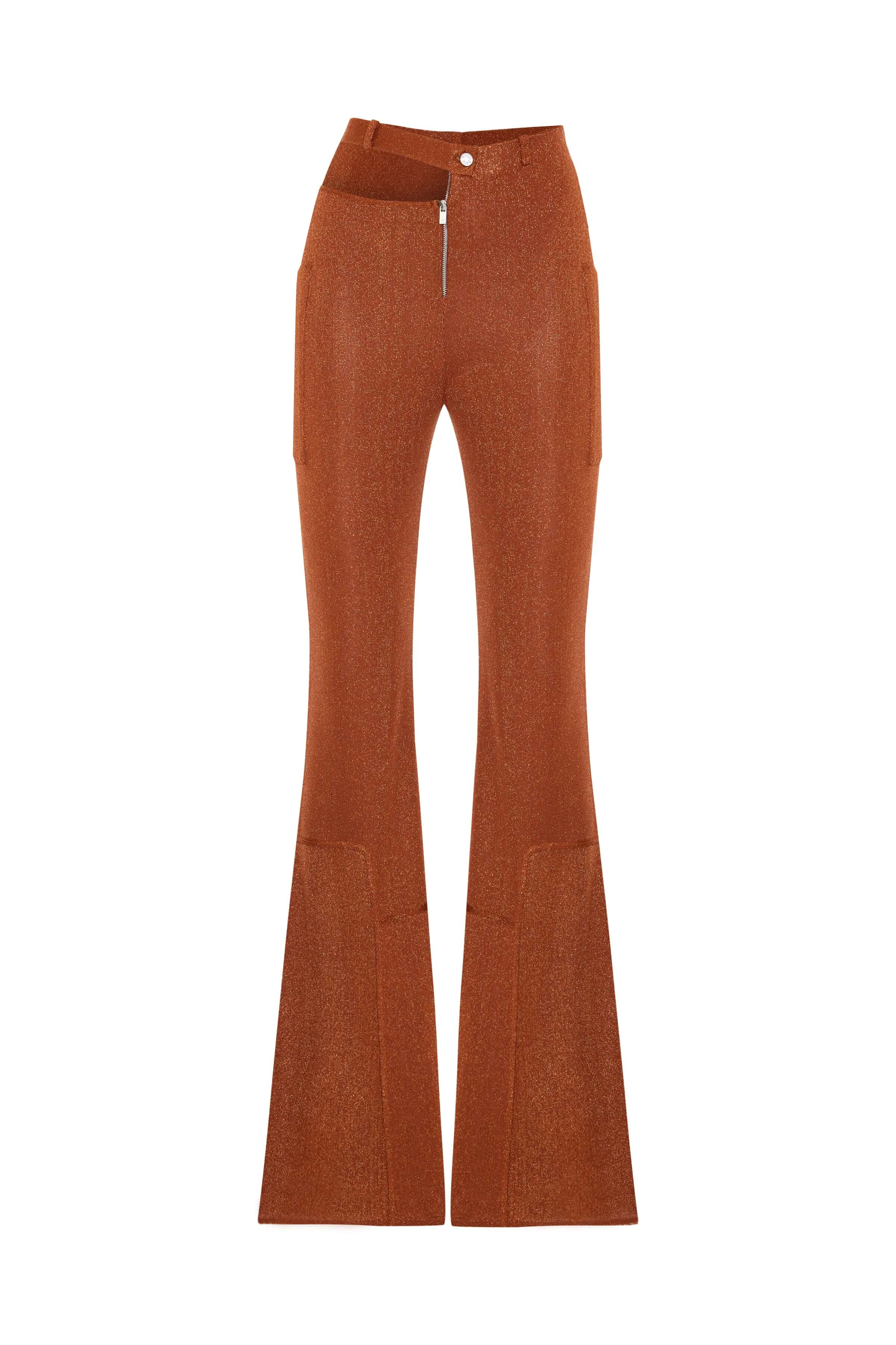 JENDUE Amarah Trousers - Metallic Russet Flare Leg Pants 1