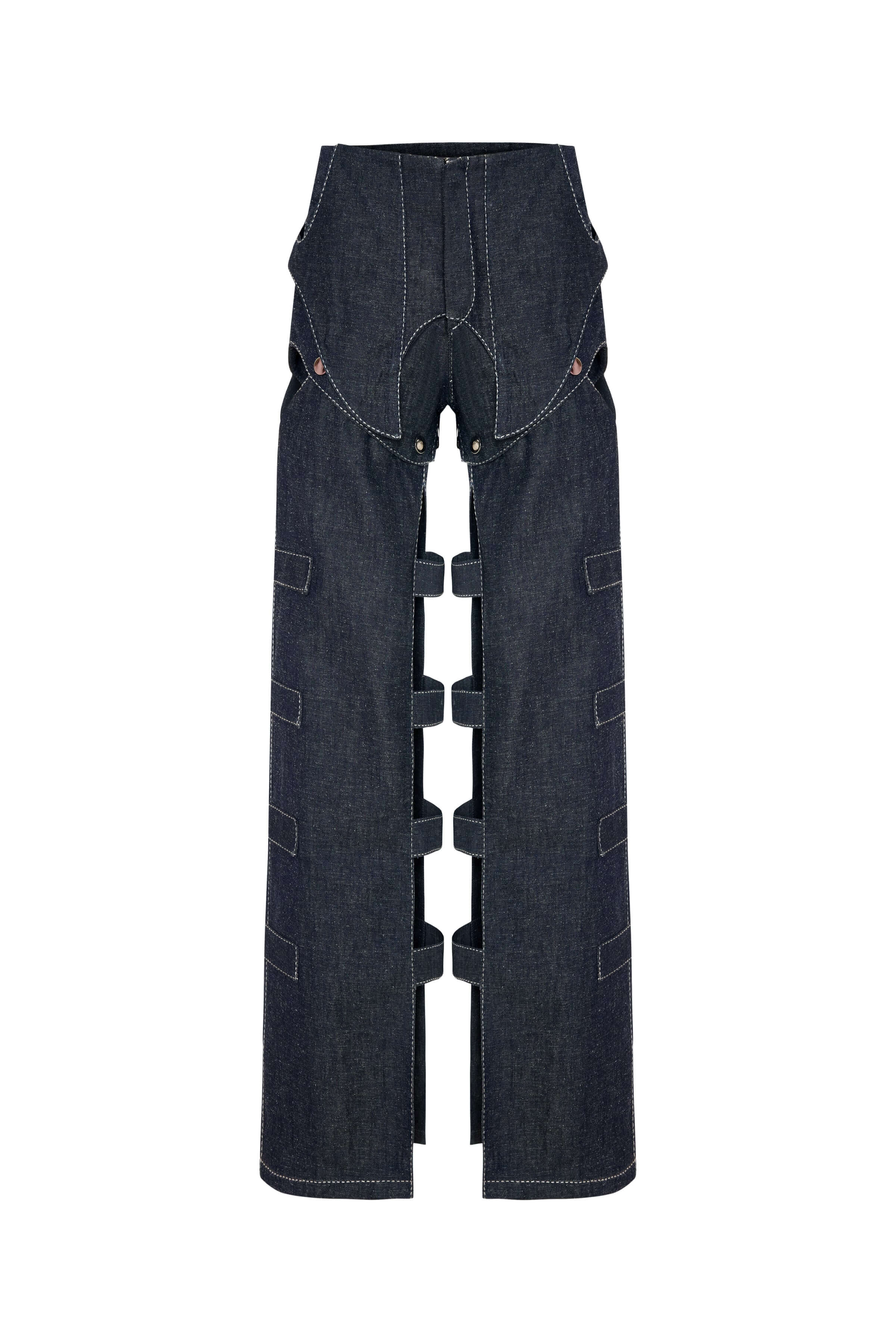 JENDUE Solen Trousers - Avant-Garde Cut-Out Denim Design 1