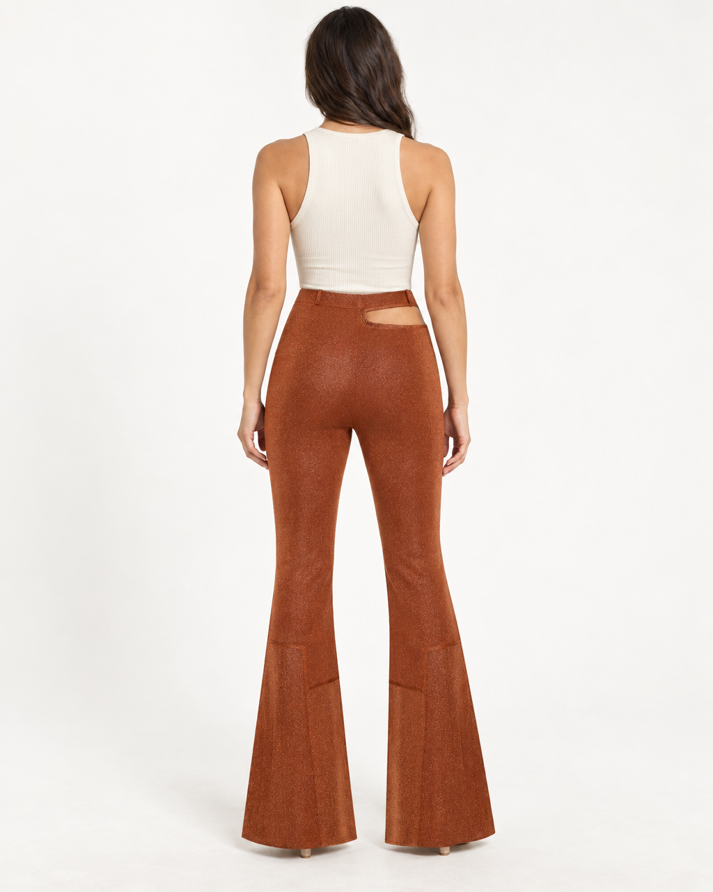 Amarah Trousers - Metallic Russet Flare Leg Pants — on-model styling view B