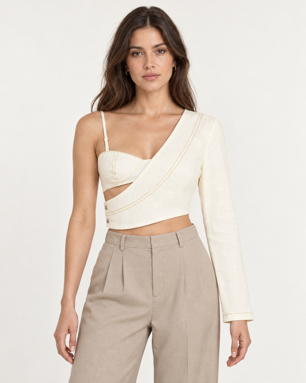 Radiant Crop - Asymmetric One-Sleeve Linen Top — on-model styling view A