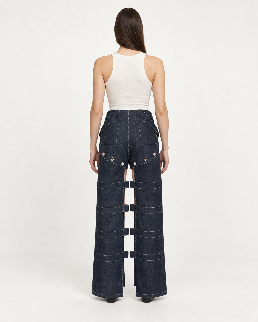Solen Trousers - Avant-Garde Cut-Out Denim Design — on-model styling view B