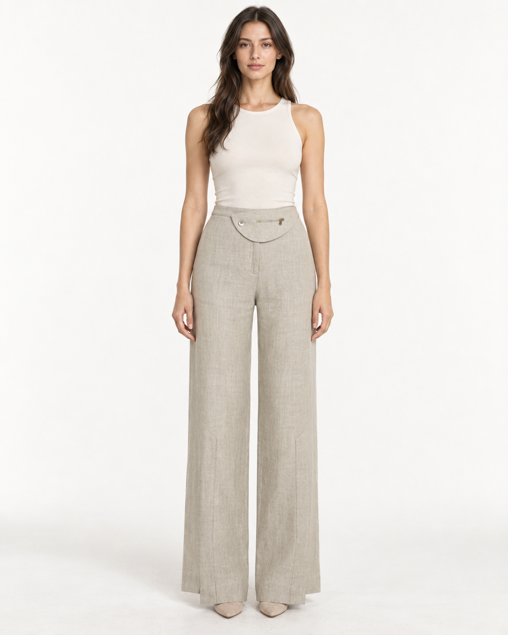 Lia Linen Pants- High-Waist Wide Leg Trousers — on-model styling view A