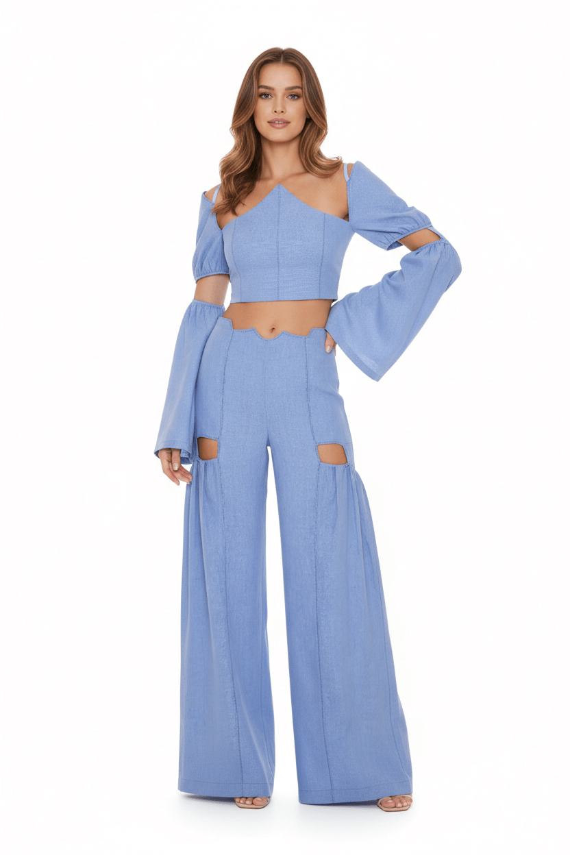 JENDUE Radiosa Sole Trousers - Linen Cut-Out Wide Leg Pants 5