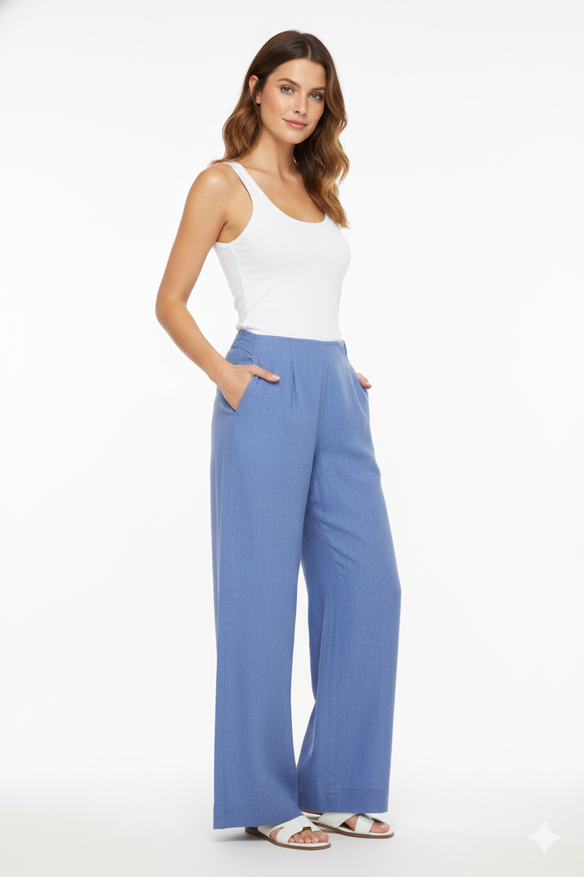 JENDUE Luna Trousers - Blue High-Waisted Wide Leg Pants