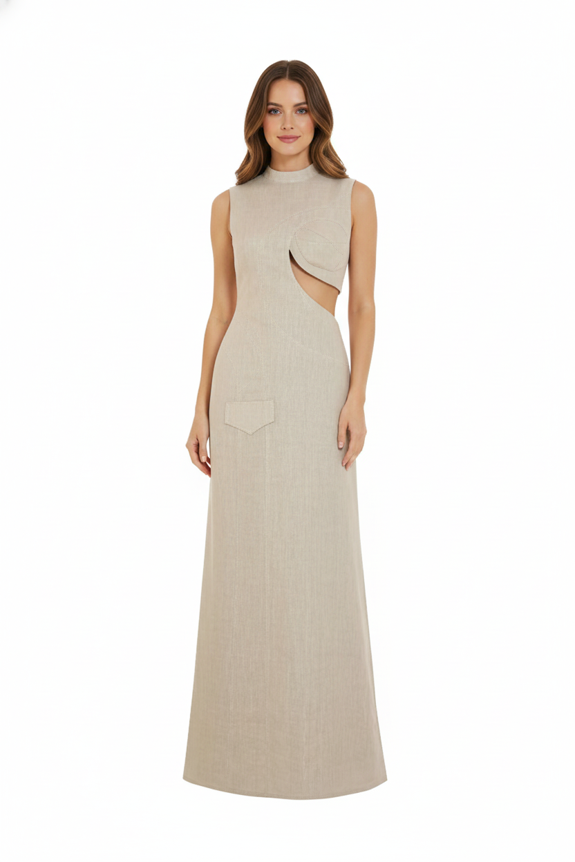 JENDUE Soul Flame Dress - Avant-Garde Linen Maxi Cut-Out