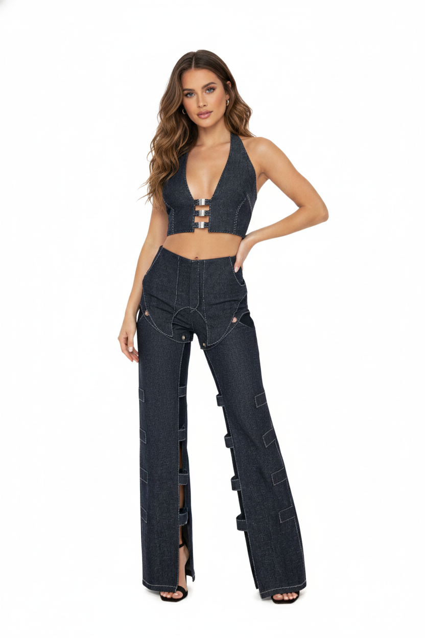 JENDUE Solen Trousers - Avant-Garde Cut-Out Denim Design