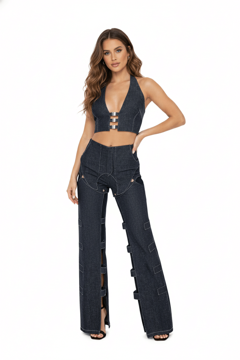 JENDUE Solen Crop - Denim Halter Top with Buckle Detail 5