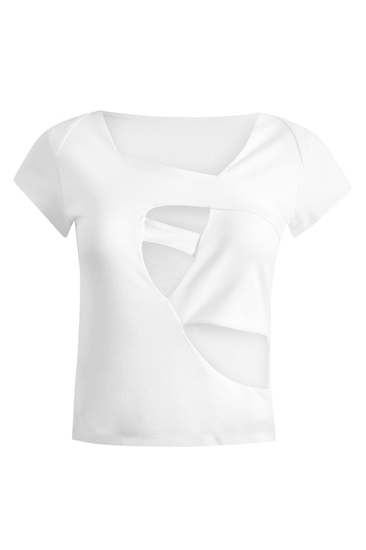 Asymmetric Cut White Basic T-Shirt