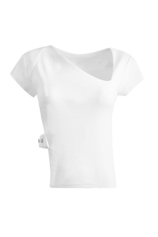 Asymmetric V Neck Basic White T-shirt