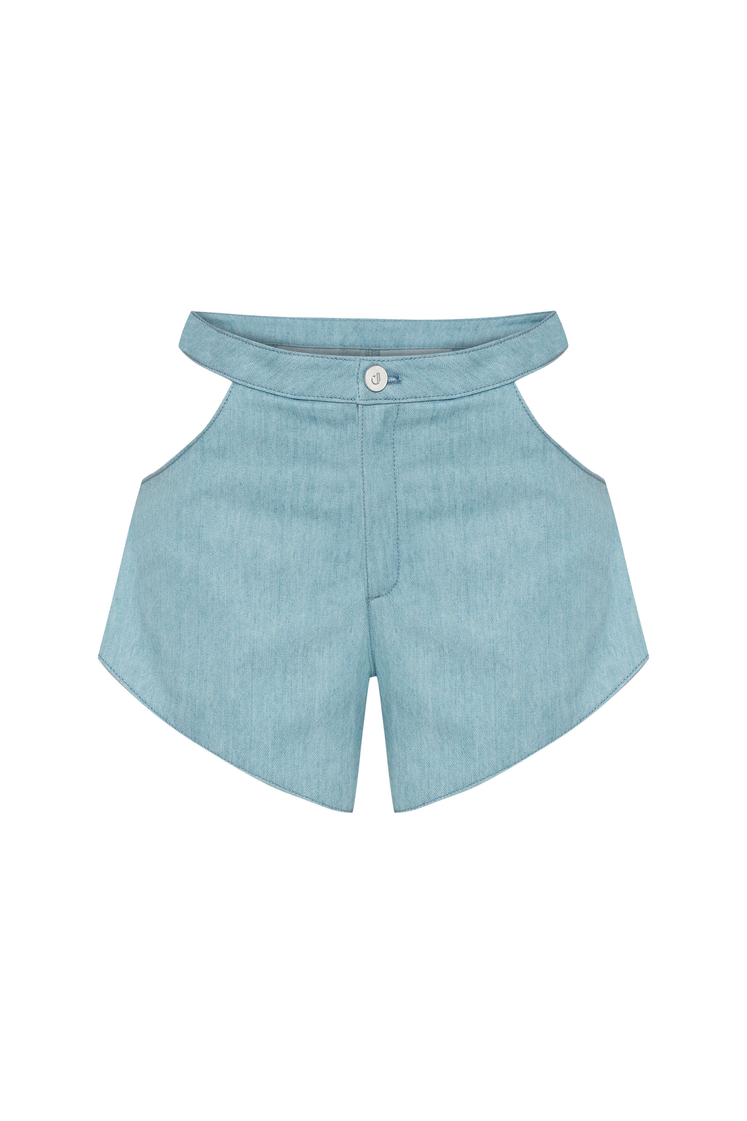 JENDUE light blue denim shorts: high-waisted, asymmetrical hip cut-outs. Edgy summer style.