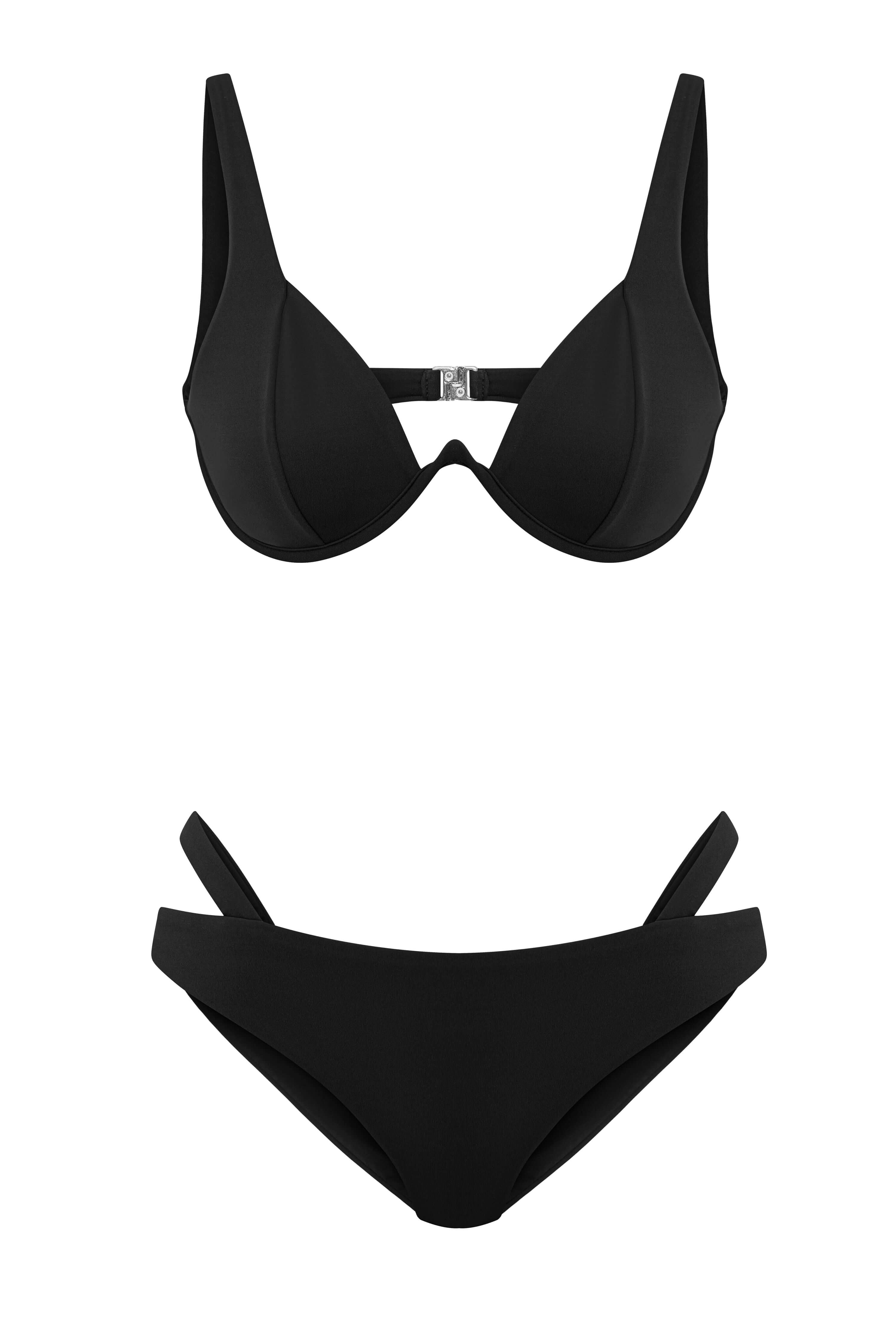 JENDUE black bikini swimwear: stylish two-piece, underwire top, and strap detail bottoms.