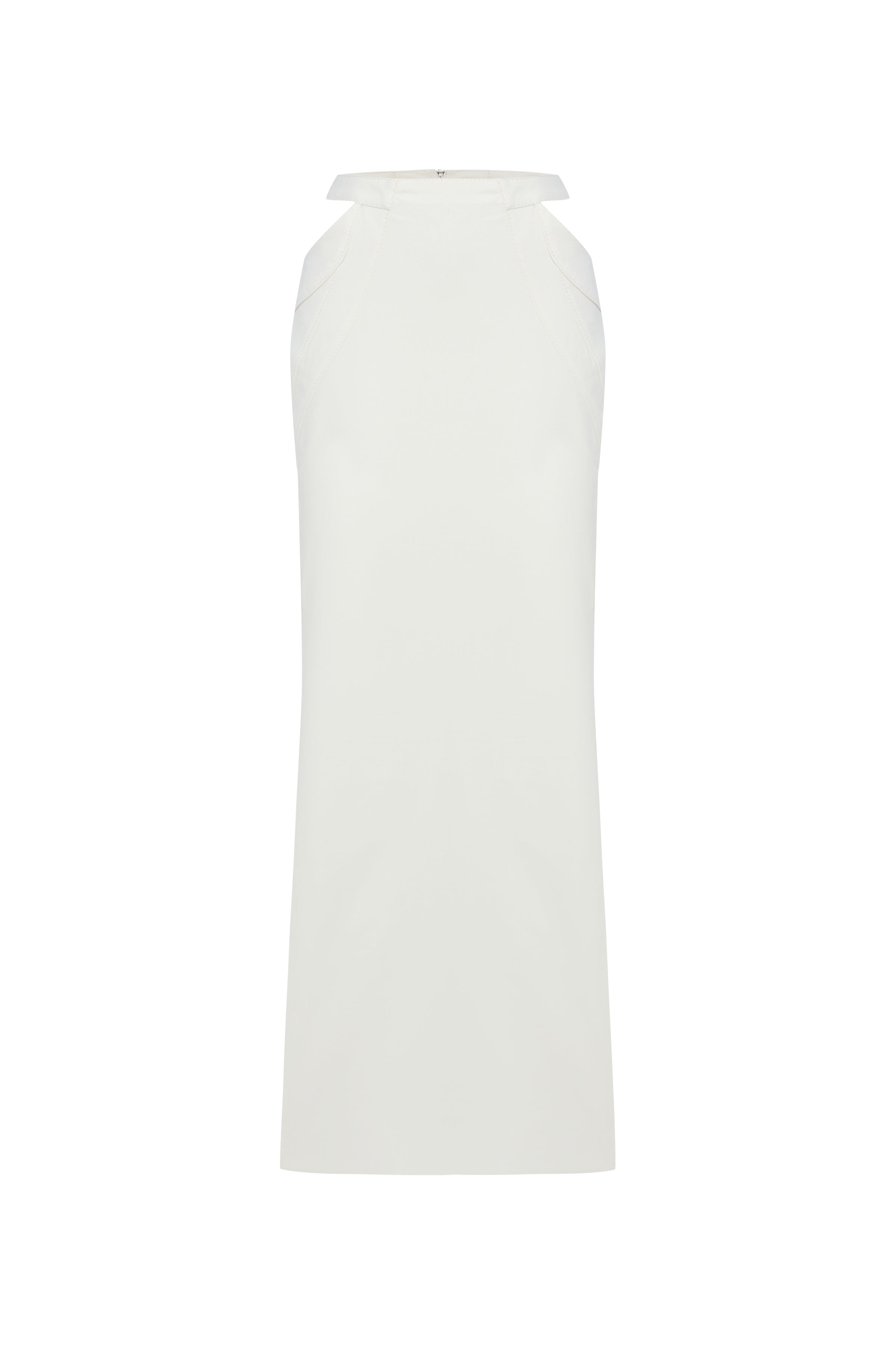JENDUE white denim maxi skirt: elegant, high-waisted, with unique hip cut-outs.

