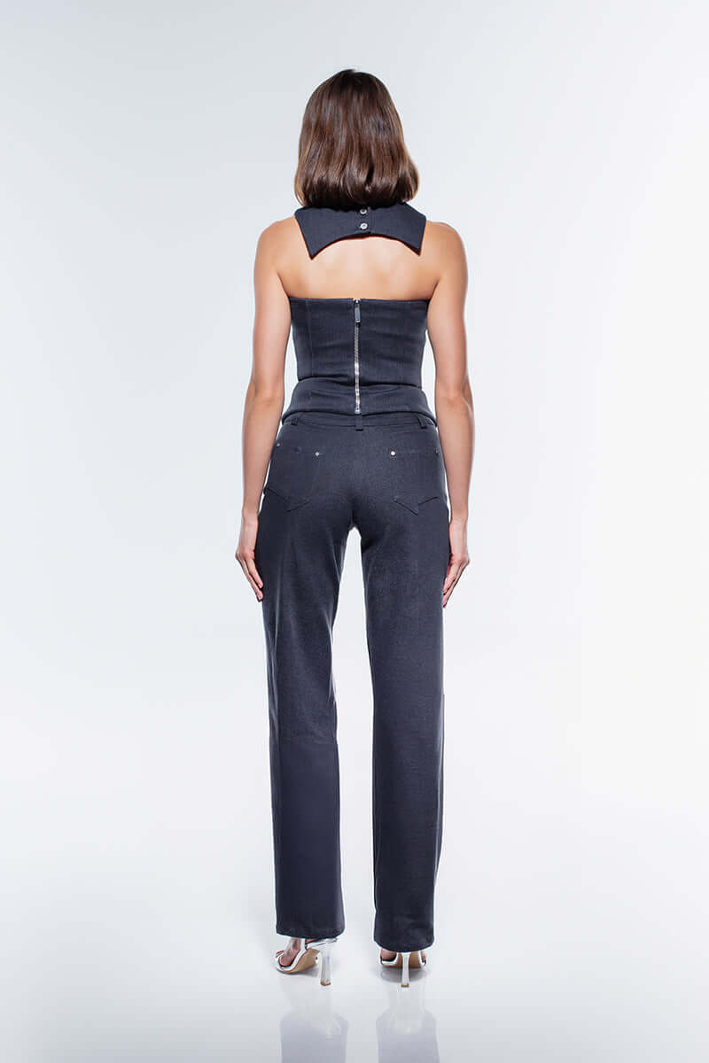 A stylish, dark-wash denim corset top with alternating dark and light gray stripes. It features a structured, strapless design and a pointed hem. A matching high-collar piece is shown above it.