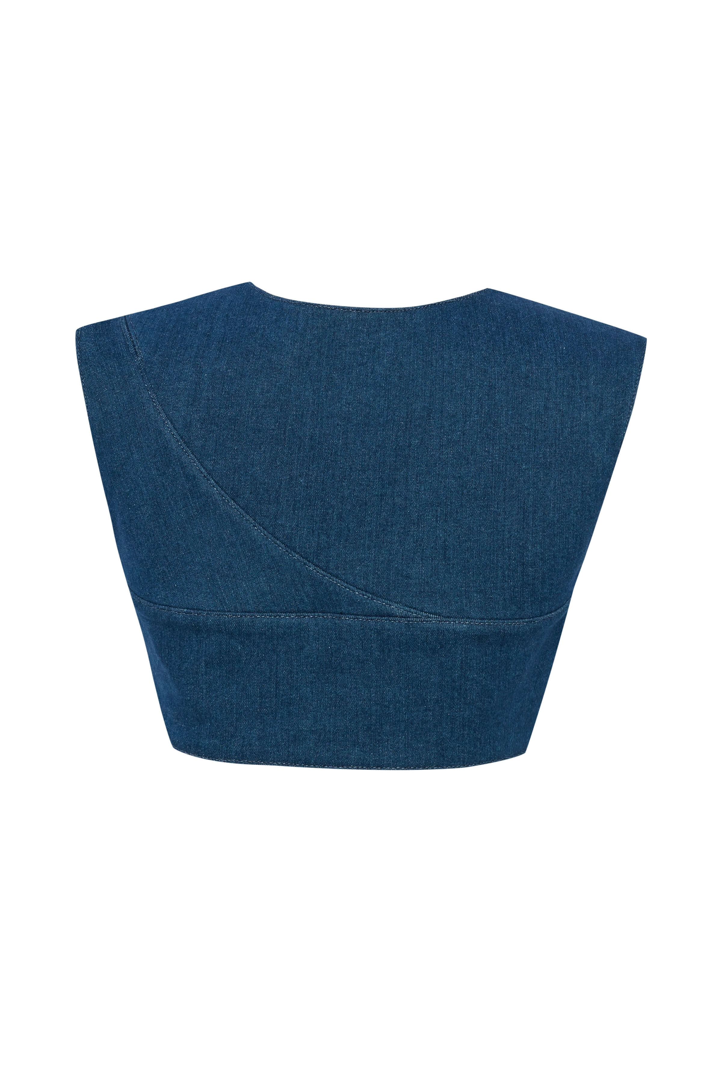 JENDUE Stylish blue denim crop top with intricate lacing details and a contemporary, edgy cut.