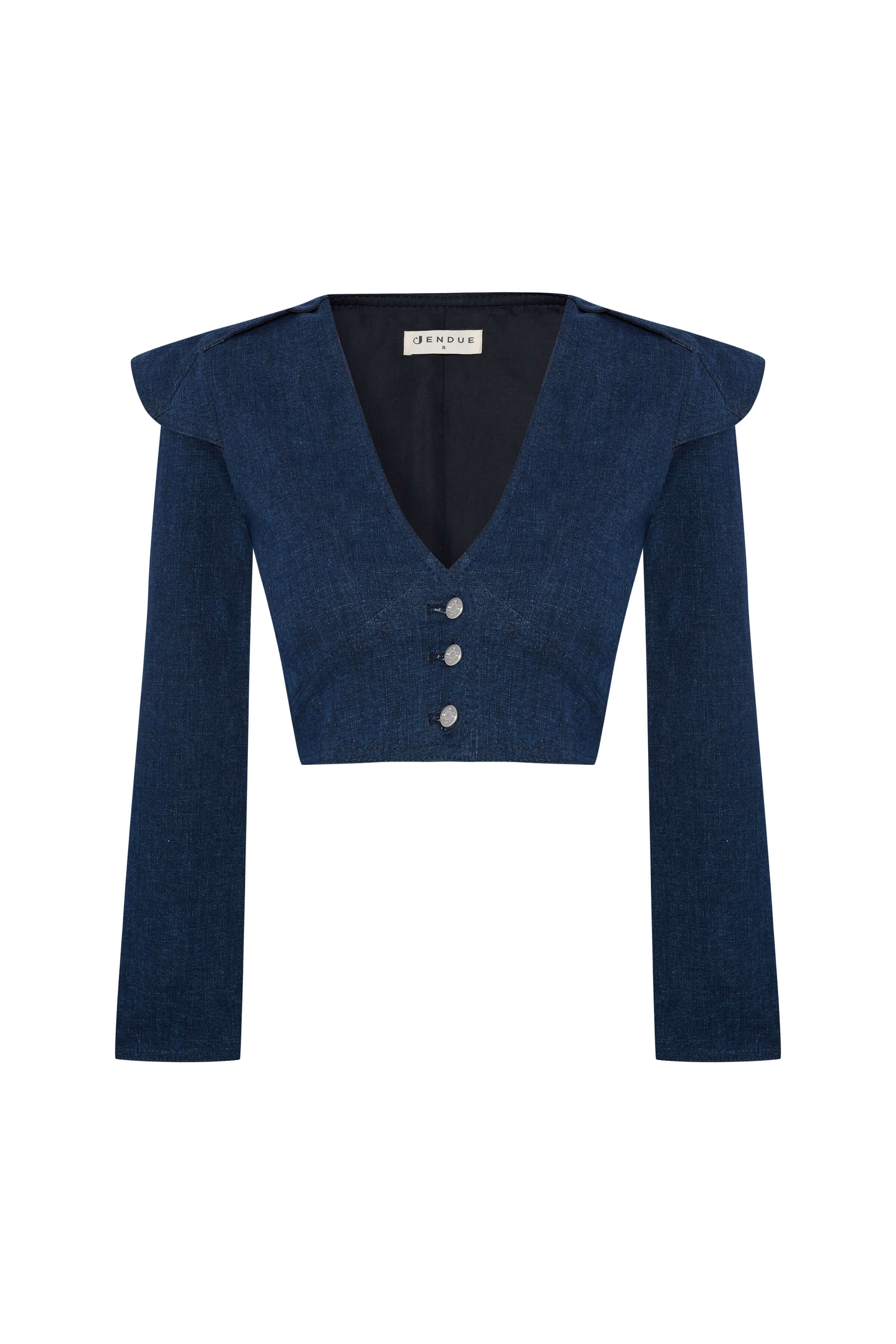 JENDUE blue denim cropped jacket: stylish, deep V-neck, and structured shoulders. Modern chic.