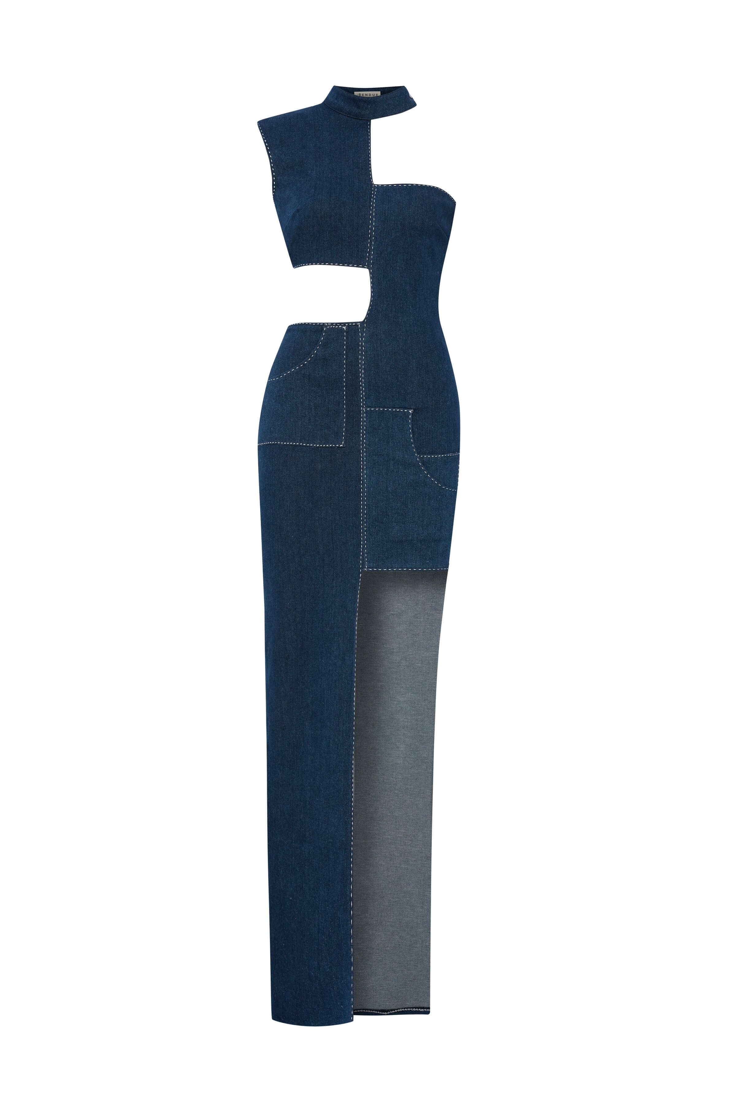 JENDUE Ivy Denim Dress - Asymmetrical Cut-Out Maxi Dress
