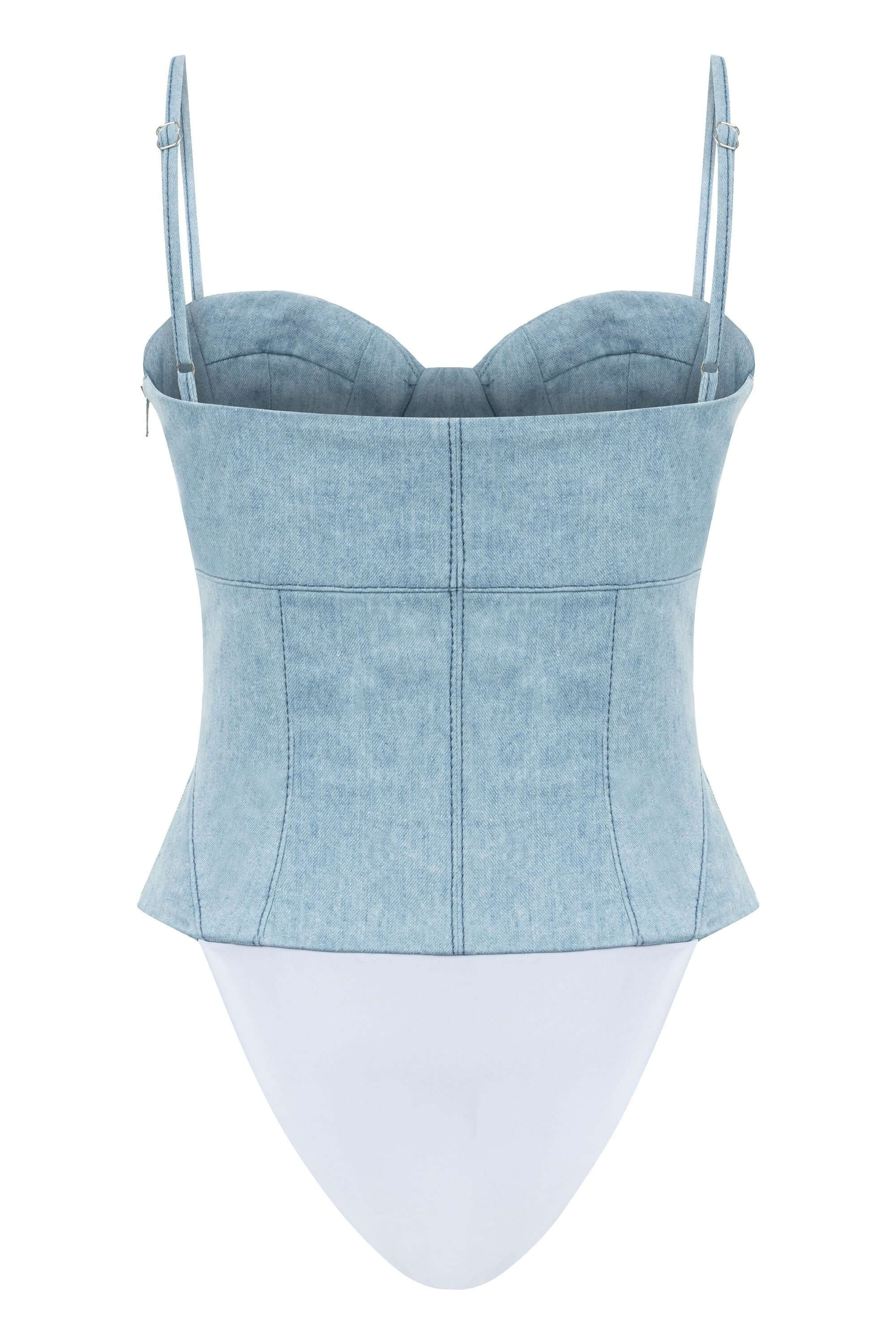 JENDUE versatile blue denim bodysuit, offering a timeless appeal and a chic, seamless silhouette.