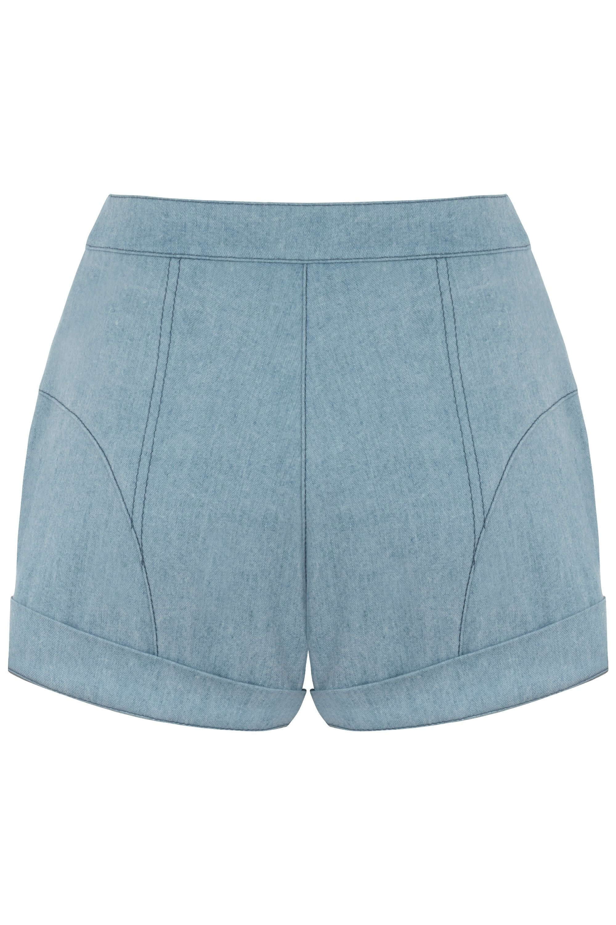 JENDUE stylish light wash denim shorts, featuring a flattering high rise and classic five-pocket design.