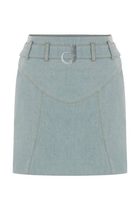 JENDUE light wash blue denim mini skirt: belted, high-waisted, with classic button front.