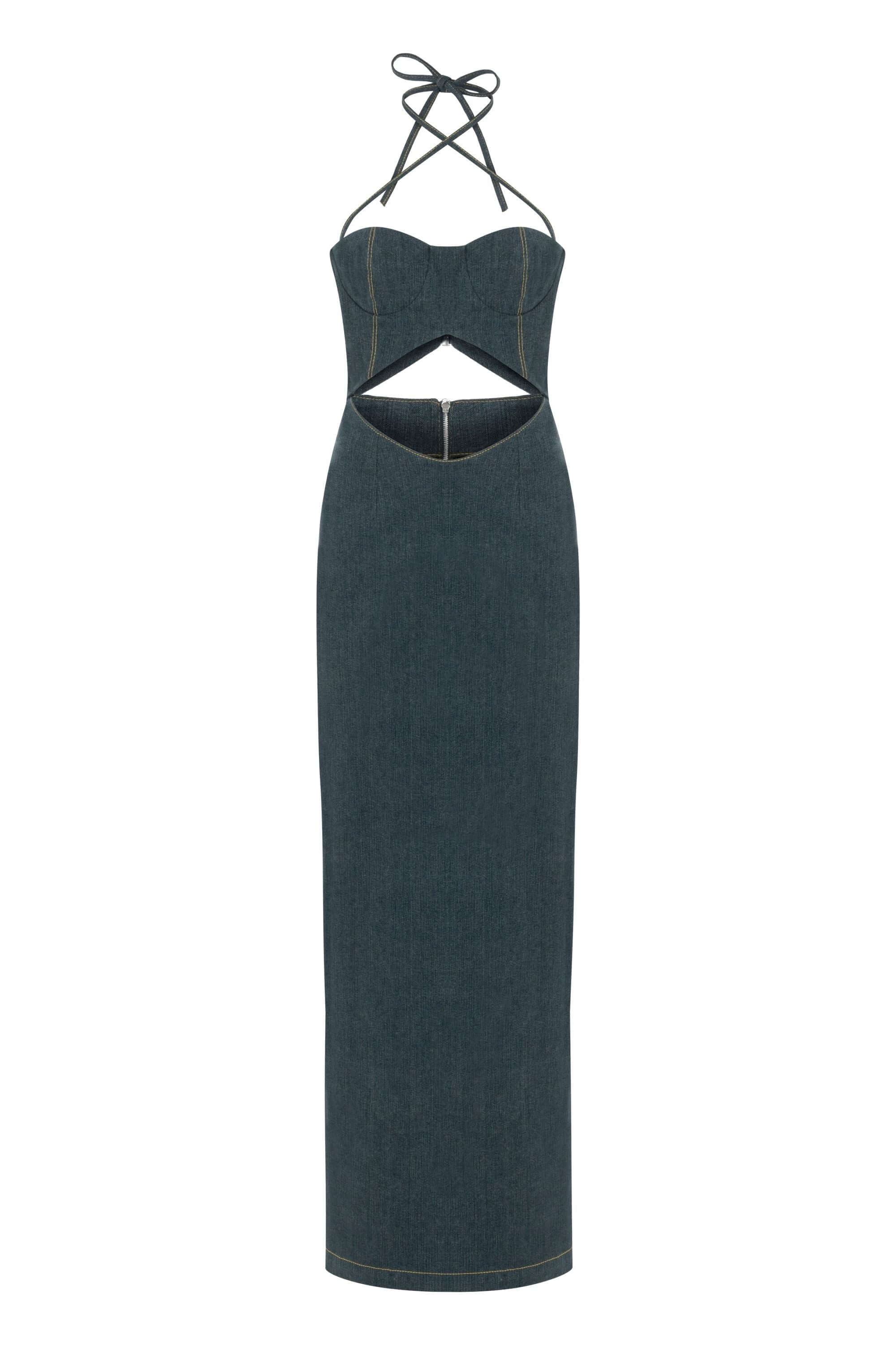 JENDUE blue denim maxi dress: elegant halter cutout gown with a high slit.
