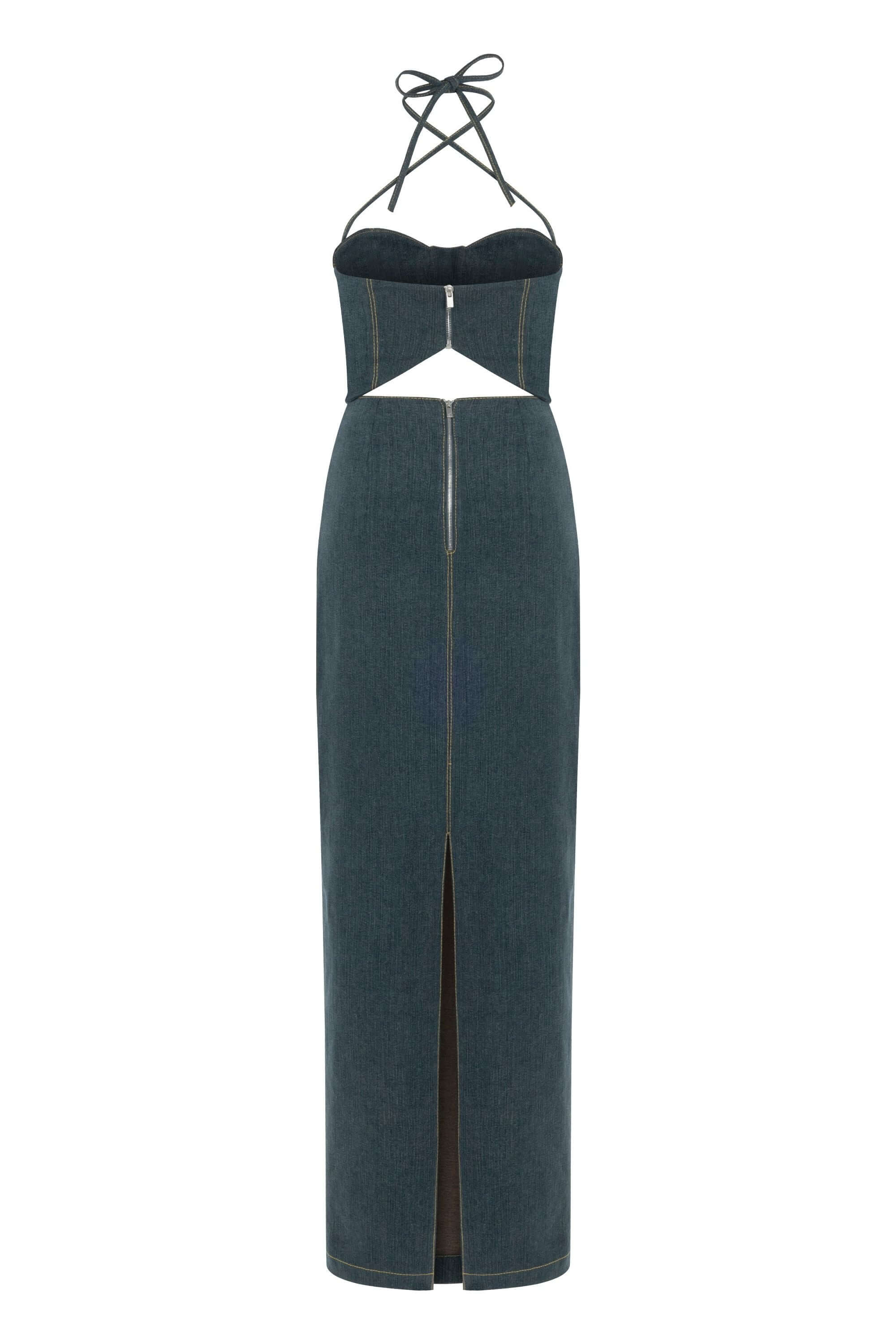 JENDUE chic dark blue denim long dress, featuring a sophisticated halter neckline and side cut-outs.