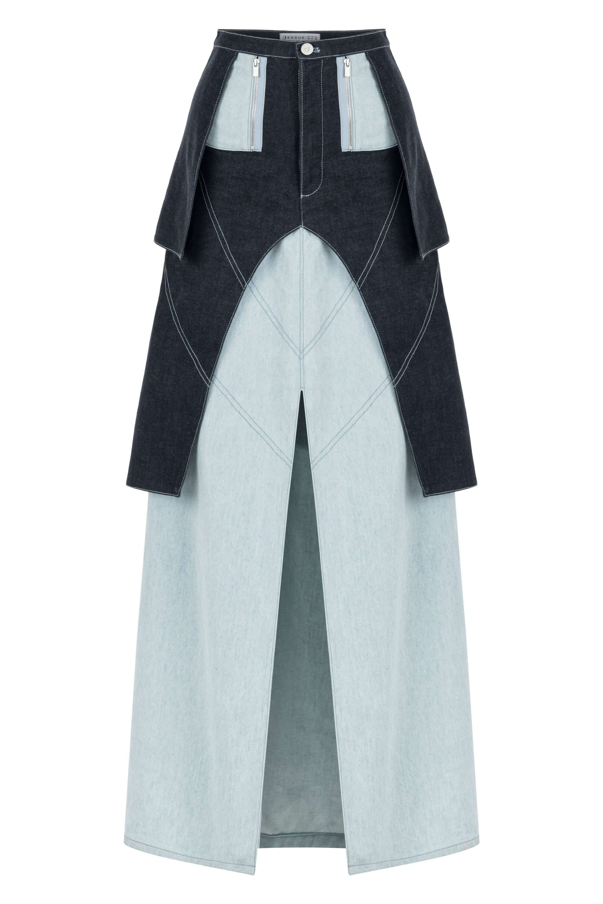 JENDUE blue two-tone denim maxi skirt: contrasting light and dark wash panels.