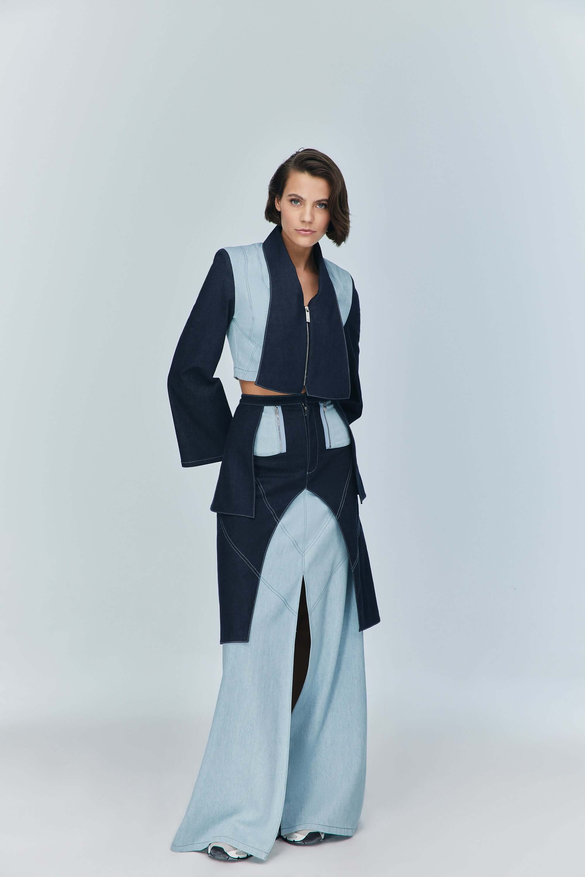 JENDUE's "Monte" two-tone maxi skirt, offering a contemporary and bold denim statement.
