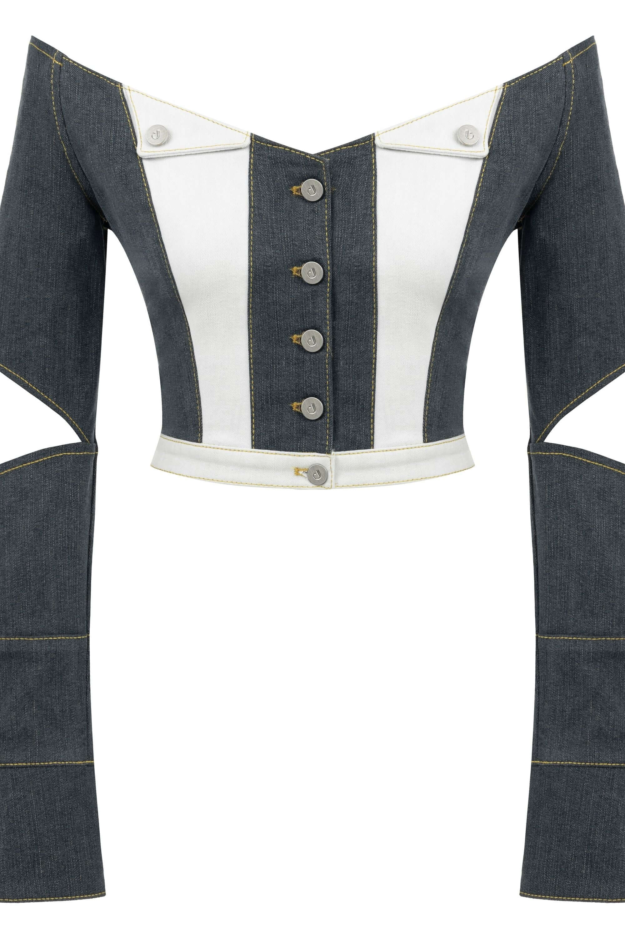 JENDUE blue denim jacket: chic, cropped, off-shoulder, with a unique open neckline.
